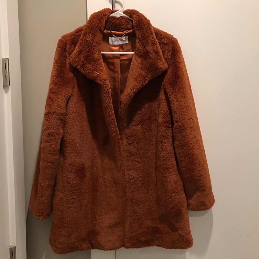 Calvin Klein Stand Collar Faux Fur Coat - Picture 2 of 8